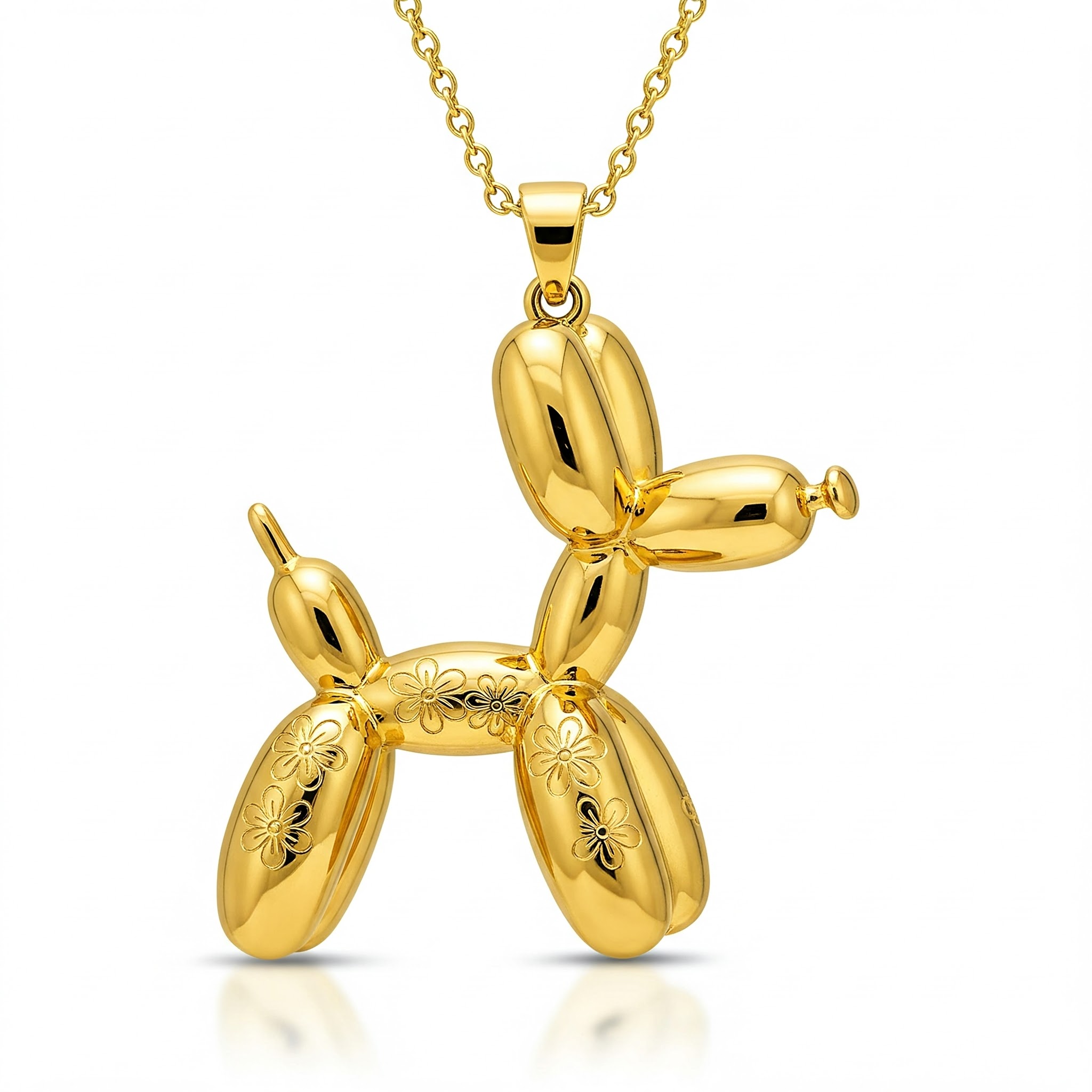Gold Balloon Dog Pendant Necklace with Floral Engravings